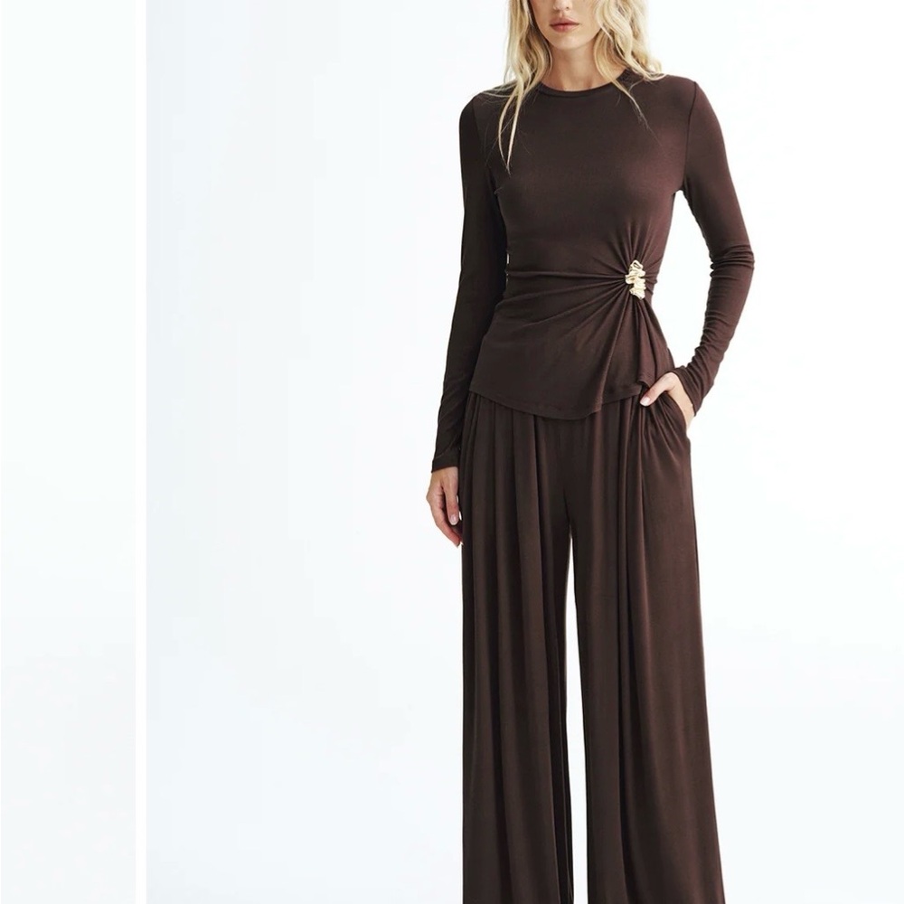 Women's Brown Long-Sleeve Wide-Leg Jumpsuit with Side Detail